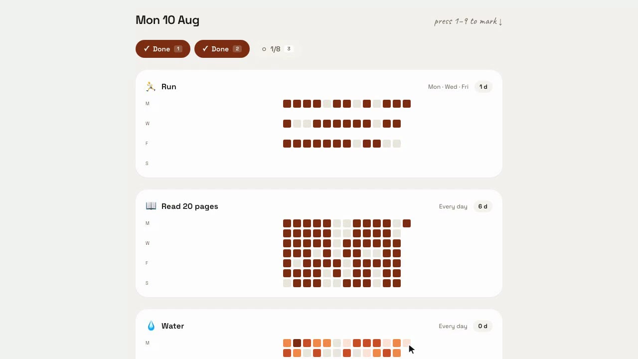 Three habits in HabitGrid, each a grid of squares filled on the days they were kept.